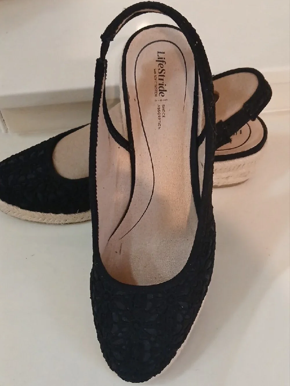 Life Stride Black Lace Espadrille Flats with Jute Trim